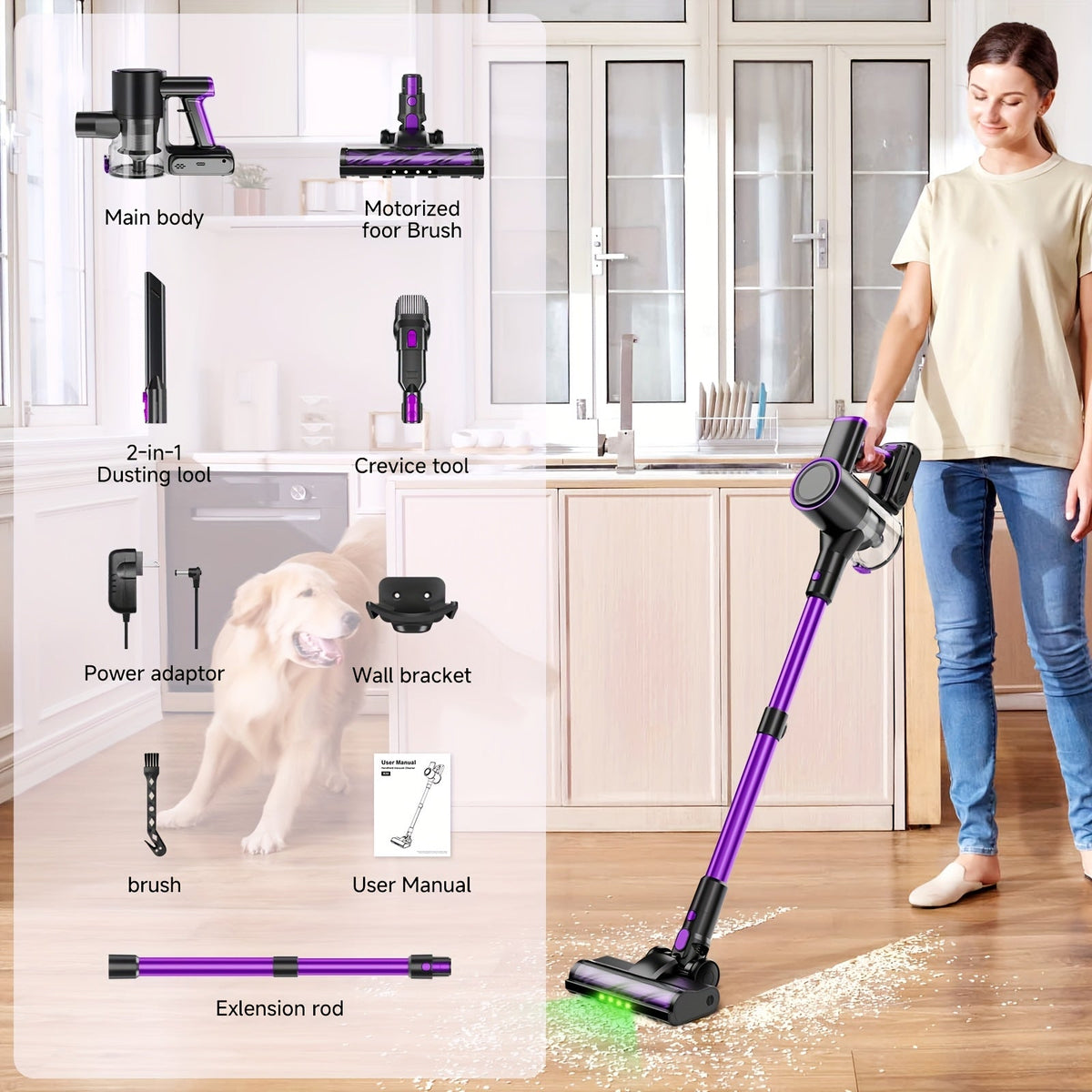 Wired & Wireless Cordless Stick Vacuum Cleaner - 55–70 KPa, 3-Speed, 45-Min Battery, Detachable Battery, LED Floor Brush - Pet Hair, Carpet & Hard Floor - Lightweight Handheld