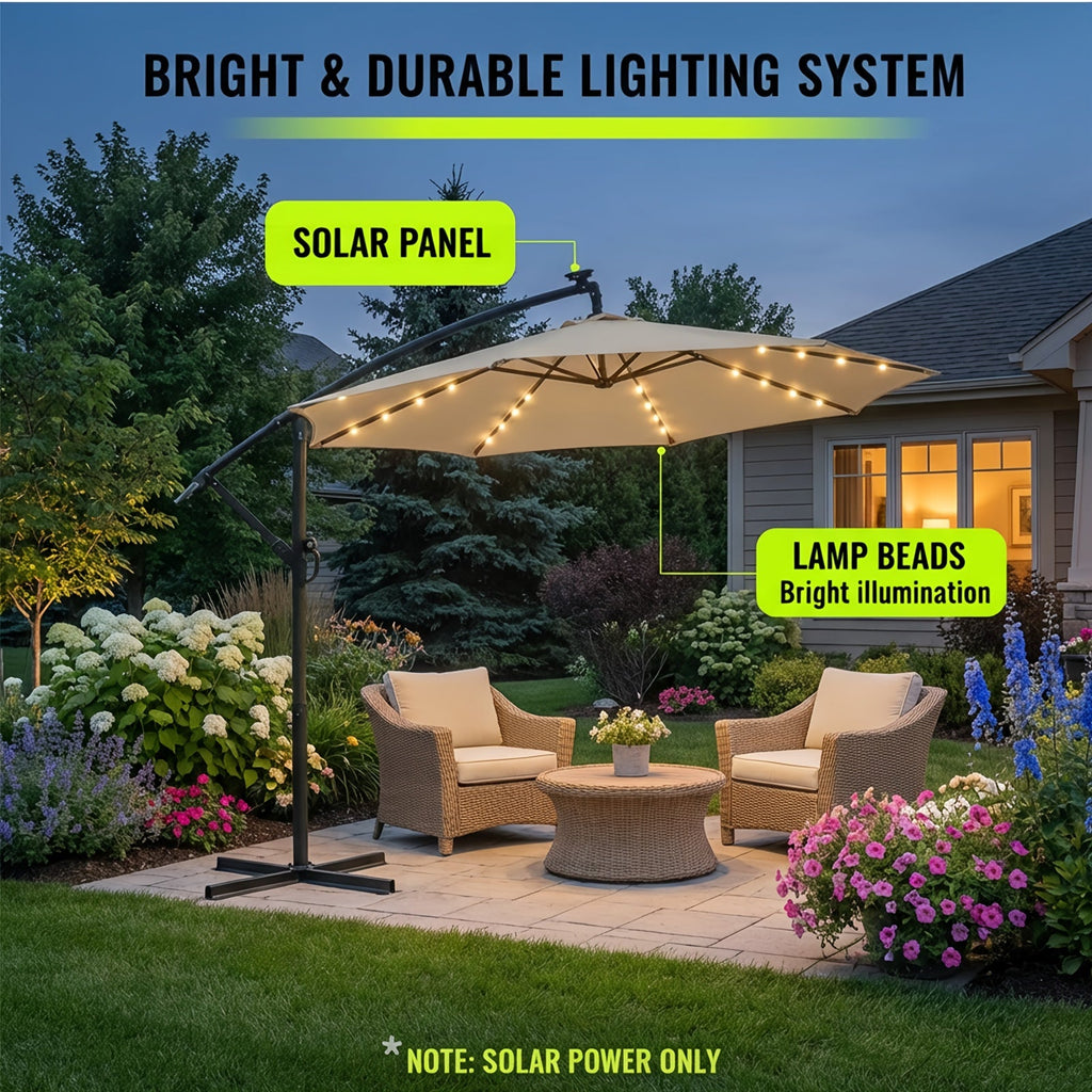 10ft Solar LED Offset Cantilever Patio Umbrella, UPF50+ UV Protection, Easy Tilt & Crank, Heavy-Duty Outdoor Market Umbrella, Sun Shade for Garden Deck Backyard Pool (Base Not Included)