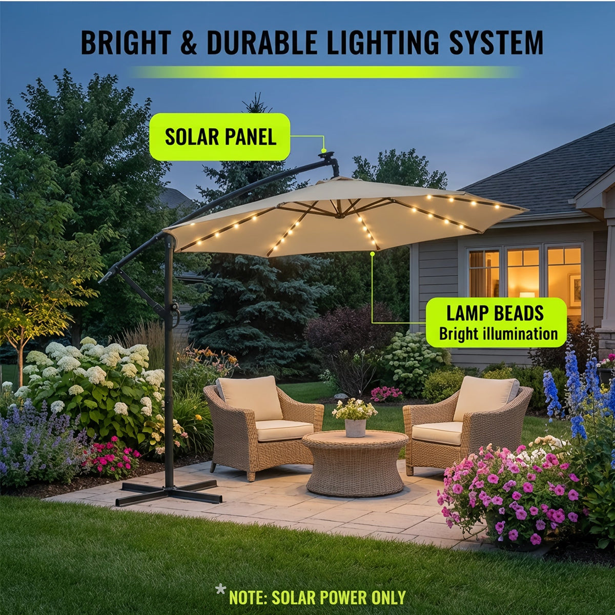 10ft Solar LED Offset Cantilever Patio Umbrella, UPF50+ UV Protection, Easy Tilt & Crank, Heavy-Duty Outdoor Market Umbrella, Sun Shade for Garden Deck Backyard Pool (Base Not Included)