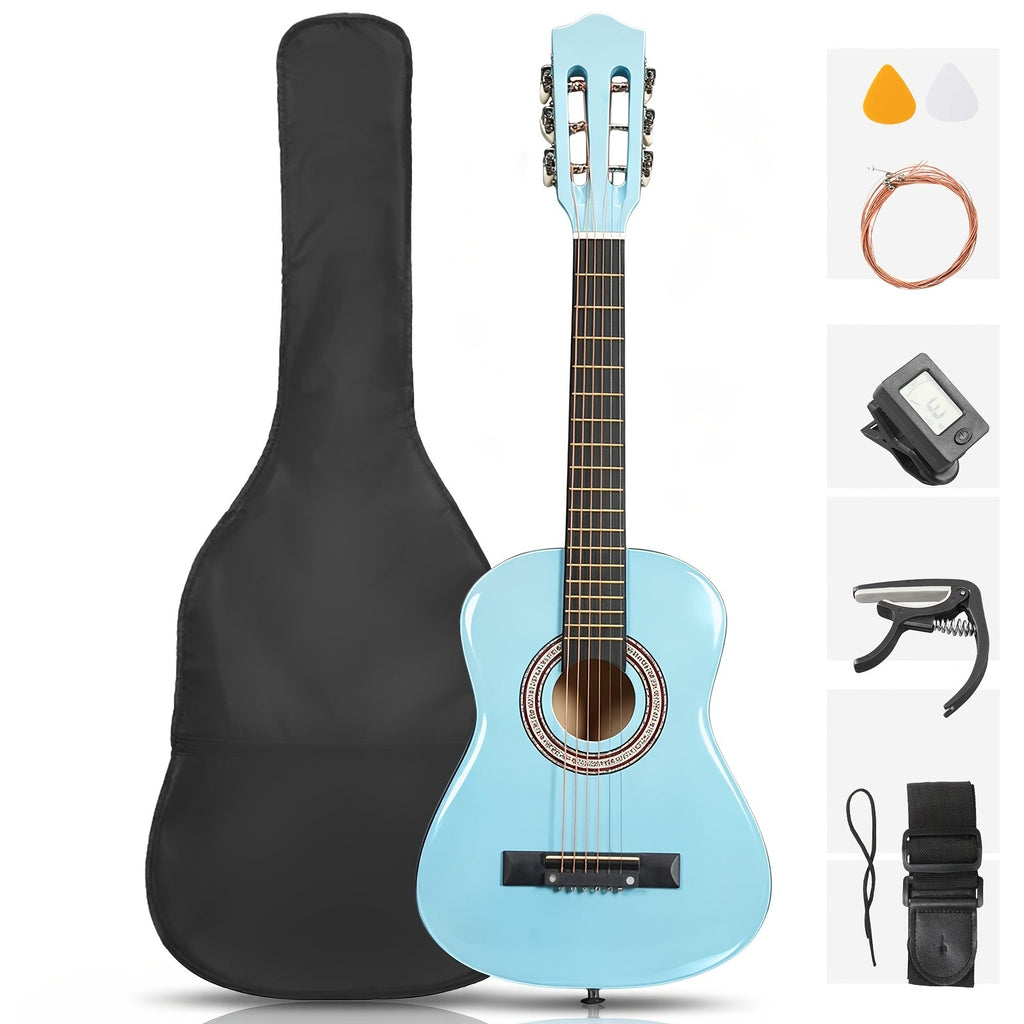 30-Inch Acoustic Guitar Round Body Basswood 18 Frets Steel Strings for Beginner Kids & Adults – Sky Blue Purple Pink & Red