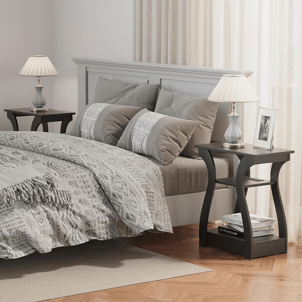 3-Tier Nightstand with Charging Station – Slim Side Table with USB Ports & Outlets for Bedroom Living Room Small Spaces in Black & Gray