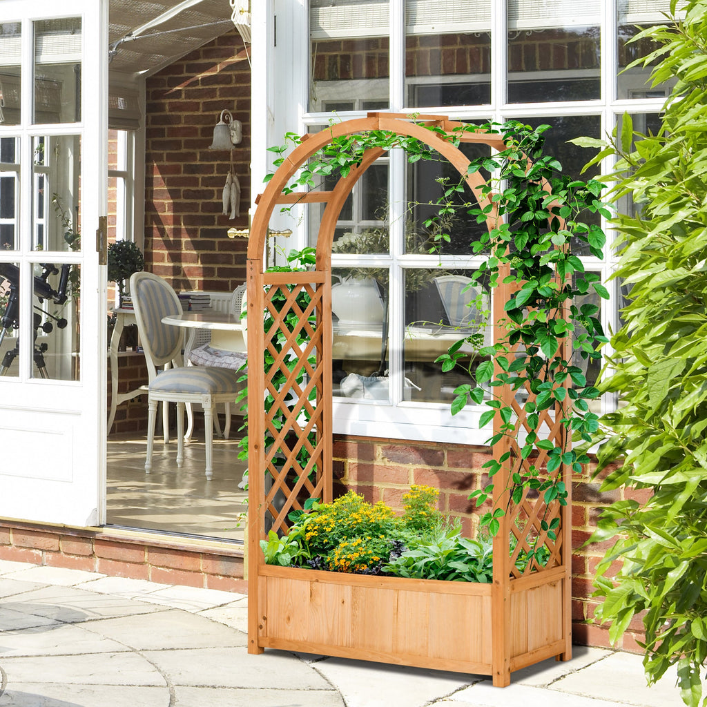 Raised Garden Bed with Arch Trellis Fir Wood Freestanding Planter Box with Lattice Side Drainage Holes for Climbing Plants Flowers Herbs Vegetables Patio Outdoor Brown