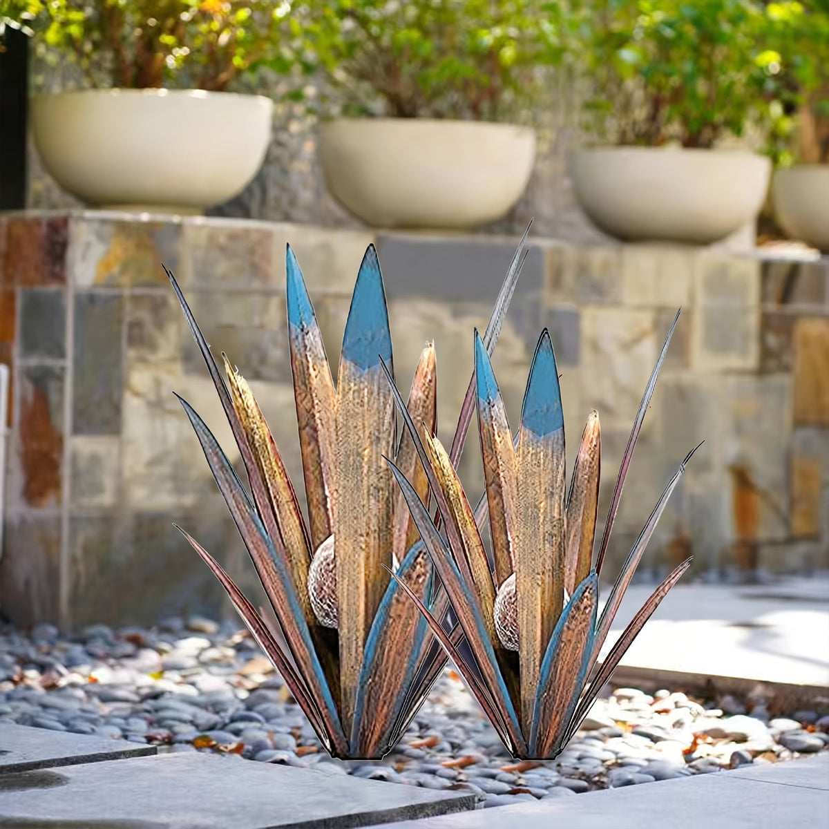 Solar Agave Stake Lights Outdoor Set of 2 Large and Small Metal Garden Pathway Lawn Courtyard Decor Plant Sculpture Light Bronze Green Orange Deep Red Sapphire Blue Hummingbird Butterfly
