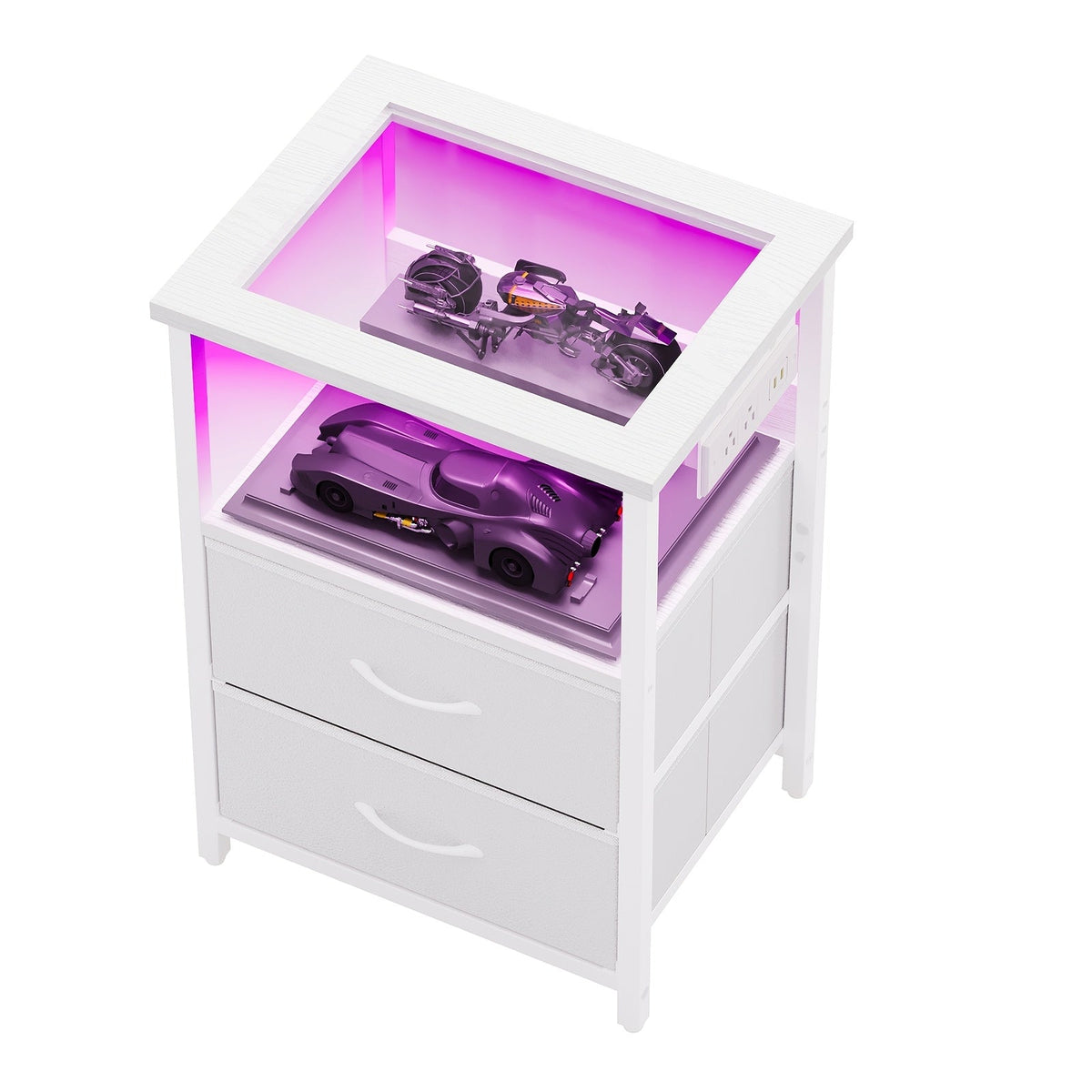 TOMNK Nightstand with Glass Tabletop LED Light & Charging Station 2 or 3 Fabric Drawers PU Finish Display Stand for Bedroom & Living Room – Black White Brown