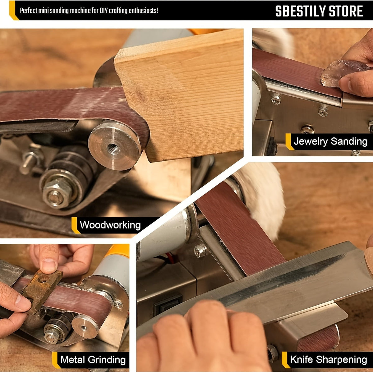 Mini Belt Sander Electric 7 Speed Adjustable 110V Small Grinder Sharpener Polisher with 10 Sanding Belts for Knife Making Wood Metalworking DIY Handcraft