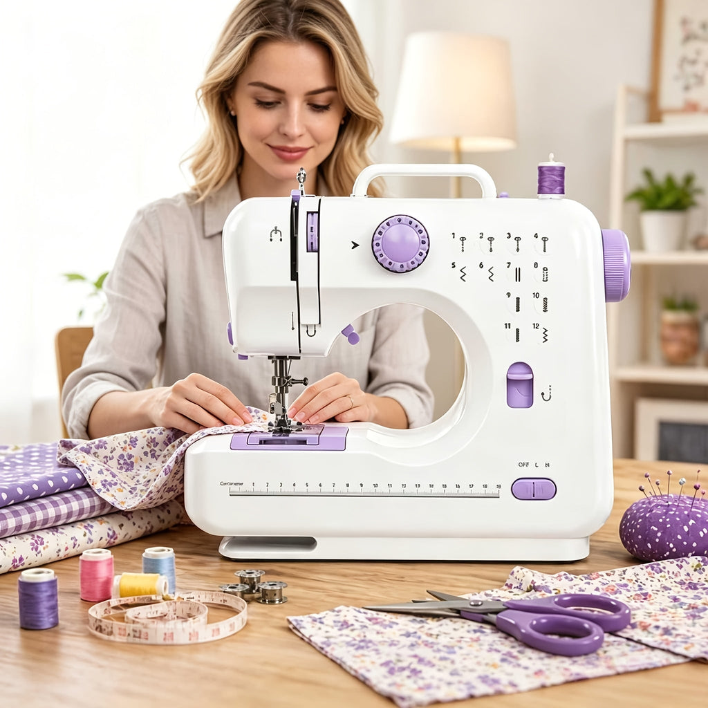 Portable Mini Sewing Machine for Beginners - 12 Stitches, LED Light, Double Speed & Foot Pedal - Includes 12-Color Thread Set - Household DIY Handheld Sewing Tool