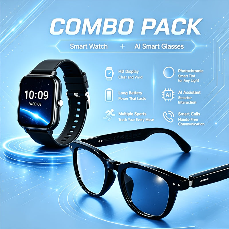 AI Smart Glasses & Full Touch Smartwatch Bundle 2026 - Multilingual Translation, Touch Control, High-End Smart Wearables, Fashion Tech for Men & Women