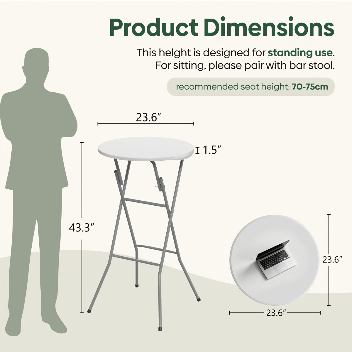 32-Inch Bar Height Round Folding Table – Portable Plastic Table Thickened Top Metal Frame Locking Legs for Parties Events Indoor & Outdoor in White & Black