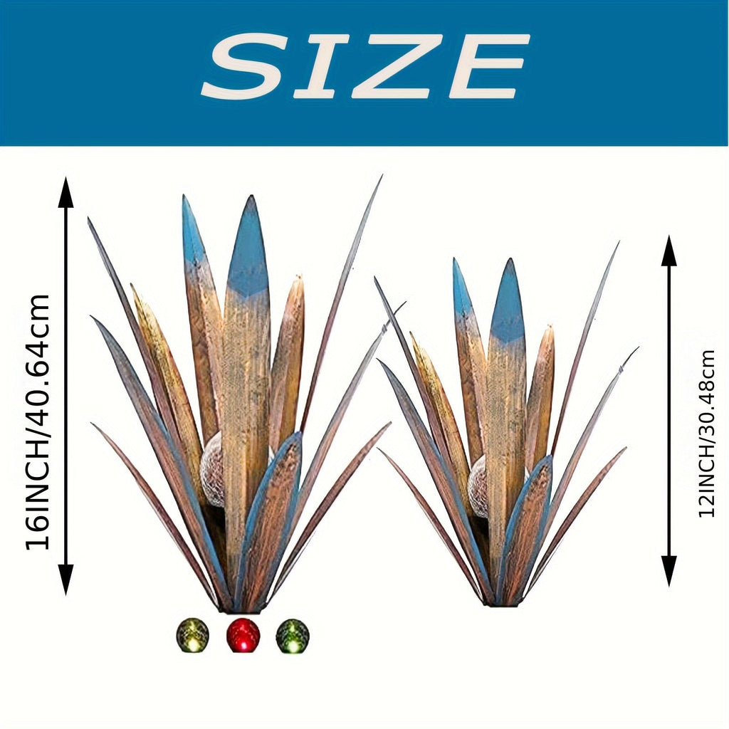 Solar Agave Stake Lights Outdoor Set of 2 Large and Small Metal Garden Pathway Lawn Courtyard Decor Plant Sculpture Light Bronze Green Orange Deep Red Sapphire Blue Hummingbird Butterfly