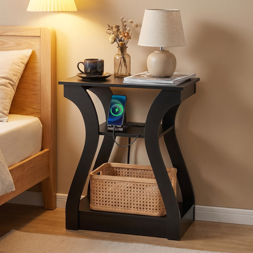 3-Tier Nightstand with Charging Station - USB Ports & Outlets, Modern Slim Bedside End Table for Bedroom, Dorm & Small Apartment - Black & White, 1 or 2 Pack