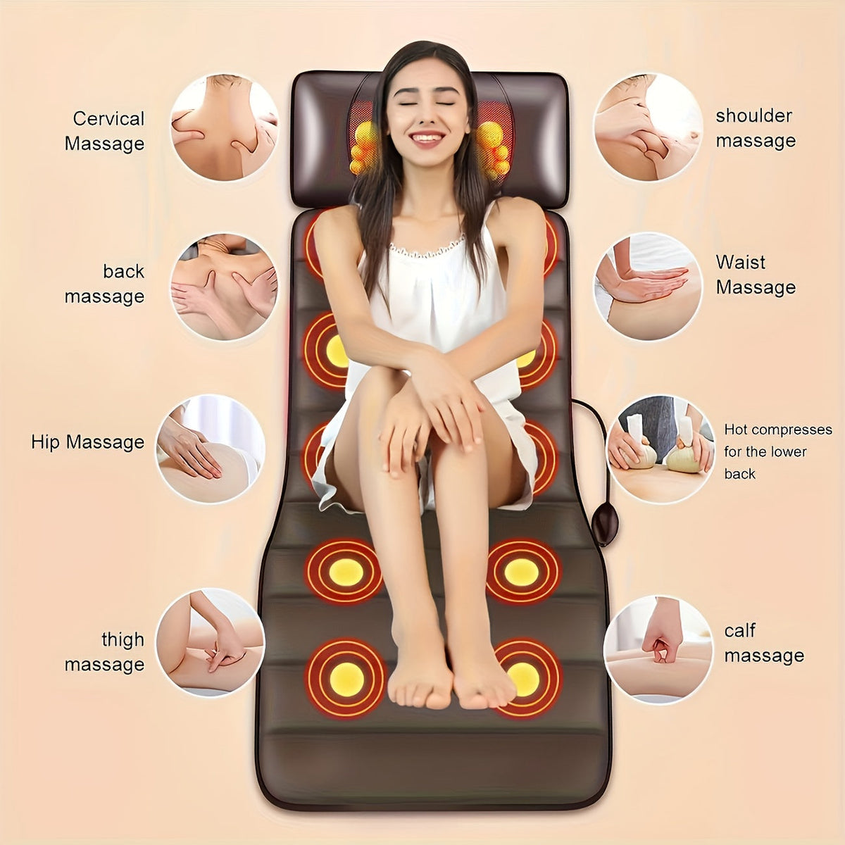 Full Body Heating Massage Set PU Leather Neck Massager Foot Massager Massage Headrest Lumbar Pillow Timer Vibration Non-Slip for Home Office Brown With or Without Leg Massager