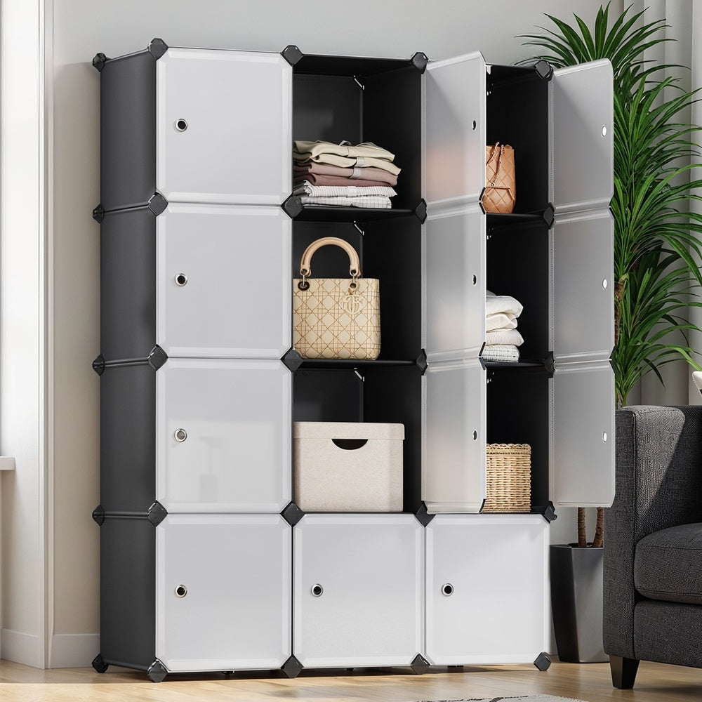 12-Cube Modular Storage Organizer with Doors DIY Closet Cabinet Waterproof Dustproof Customizable for Bedroom Living Room Clothes Books Bags Matte Black White