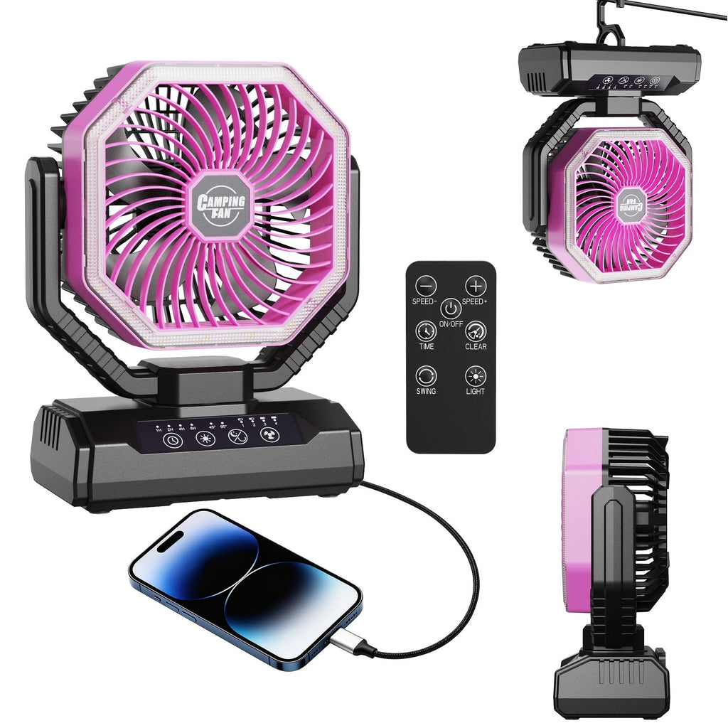 20000mAh Camping Fan with LED Light & Remote Control – 4-Speed Brushless Motor, 180° Oscillating Portable Outdoor Fan, 22-26 Hour Battery Life, 40 LEDs, Timer – for Camping, Hiking, Tent, Emergency & Home Use