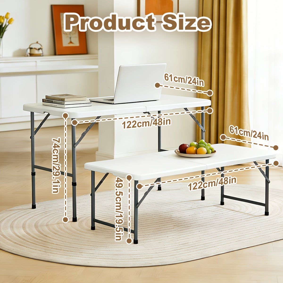 Portable Folding Table - 4FT, 6FT & 30"×20" - Heavy Duty Plastic Fold-in-Half, Adjustable Height, Carrying Handle & Locking Legs - Indoor & Outdoor, Camping, Party & Picnic - White & Black