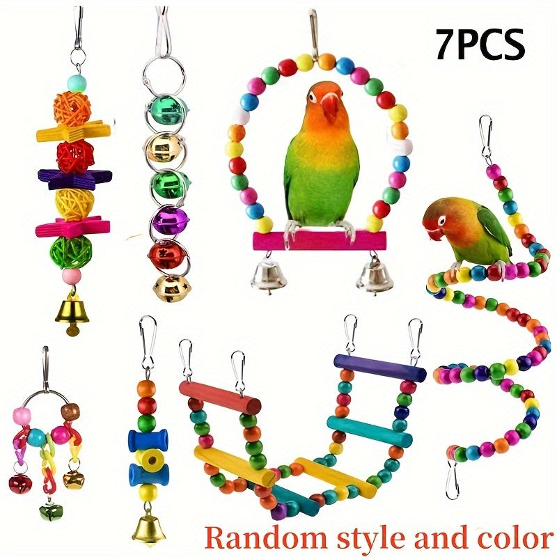 Bird Toy Set Swing Climbing Ladder Stairs Colorful Bells for Small Medium Parrots Cockatiels Budgies Parakeets – Educational Chew Boredom Relief Toys Random Colors 3/5/7/10pcs