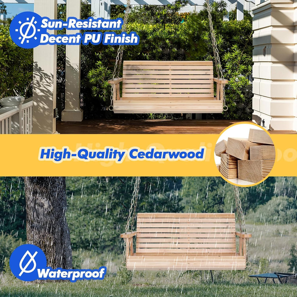 Wooden Porch Swing 880LBS Heavy Duty Ergonomic Curved Seat Adjustable Chains Well-Coated Surface for Patio Garden Courtyard Outdoor Hanging Bench 4FT 5FT Brown Natural