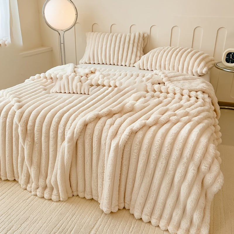 Solid Color Thick Wide-Striped Plush Blanket - Multifunctional Bed Cover, Nap & Pet Blanket - Quick-Warming Autumn & Winter - 4 Sizes - Blue Grey, Pink, Grey, Off White, Olive, Fruit Green & Coffee