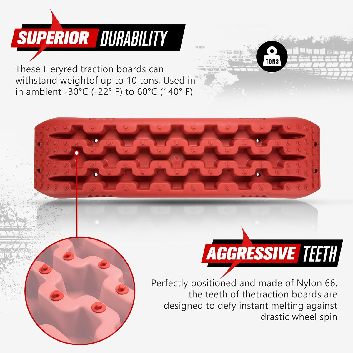 2-Pack Off-Road Traction Boards Recovery Tracks 10 Ton Capacity 40x11.8 Inch Nylon 66 Teeth with 2 Leashes and Carry Bag for Sand Mud Snow Desert 4x4 4WD Orange Red Black