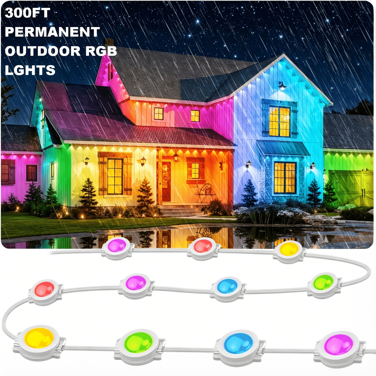 300FT Permanent Outdoor String Lights, IP68 Waterproof, Smart App Control, RGB Color Changing, for Garden, Patio, Party, Holiday, Christmas, Halloween, Year-Round Outdoor Decoration