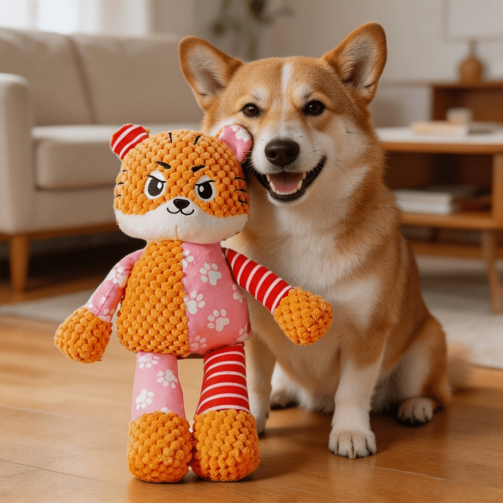 Squeaky Tiger Stuffed Animal Plush Toy - Anime-Style Colorful Stripes & Polka Dots, Soft Durable Fabric, Cute Birthday Christmas Gift for Kids Toddlers Baby Shower, No Battery Required