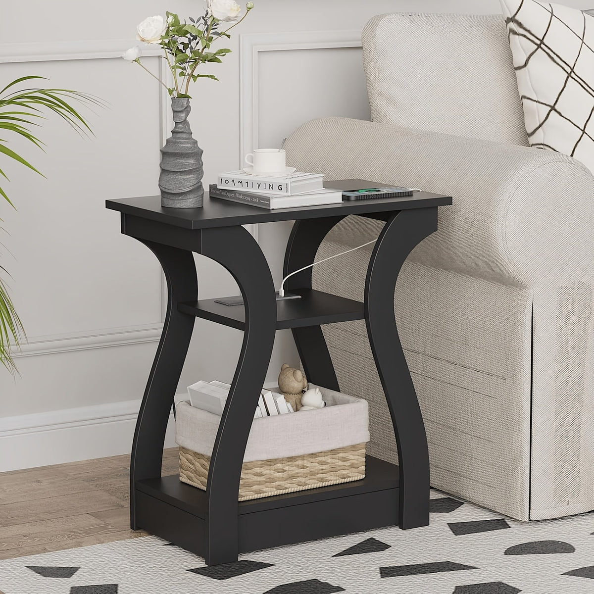3-Tier Nightstand with Charging Station – Slim Side Table with USB Ports & Outlets for Bedroom Living Room Small Spaces in Black & Gray