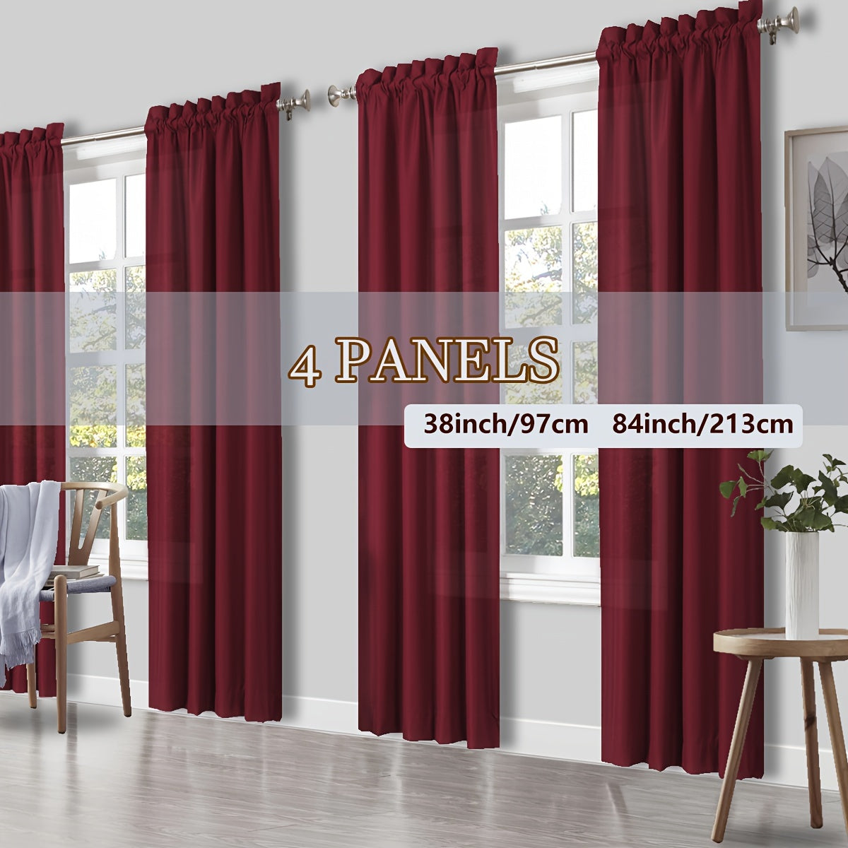 Rod Pocket Light Filtering Curtains 4 Panels Solid Color | Yarn-Dyed Fade Resistant Fabric | Easy 30-Second Install | Living Room Bedroom Office Patio Door | 10 Colors 8 Sizes 38-54 Wide 54-95 Long