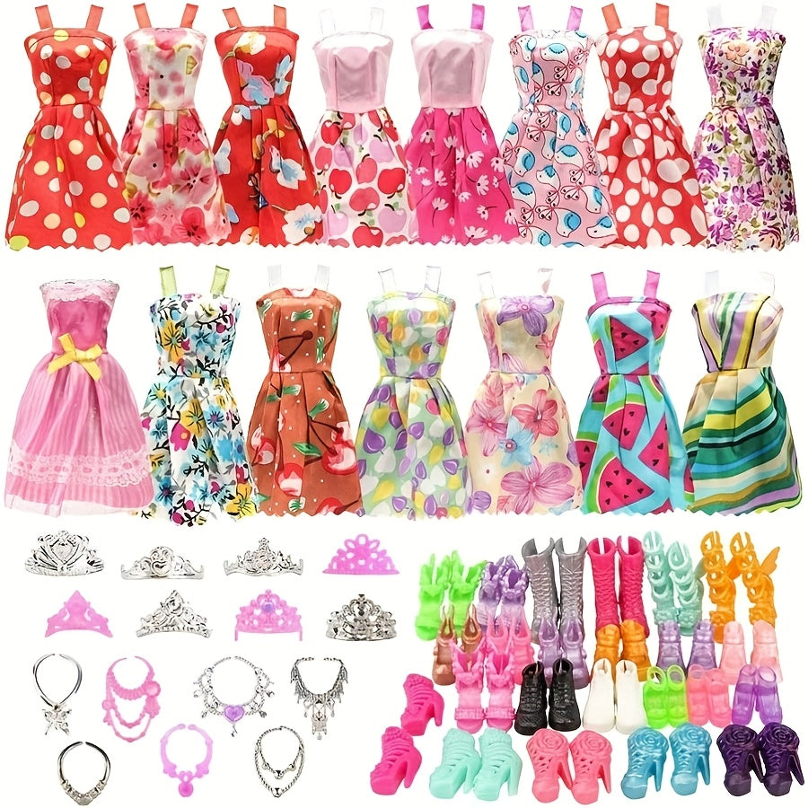 32-Piece Girl Doll Dress-Up Fashion Set – 10 Outfits, 10 Pairs of Shoes, 6 Crowns & 6 Necklaces, Multi-Color Random Style, Doll Wardrobe Accessories for Kids