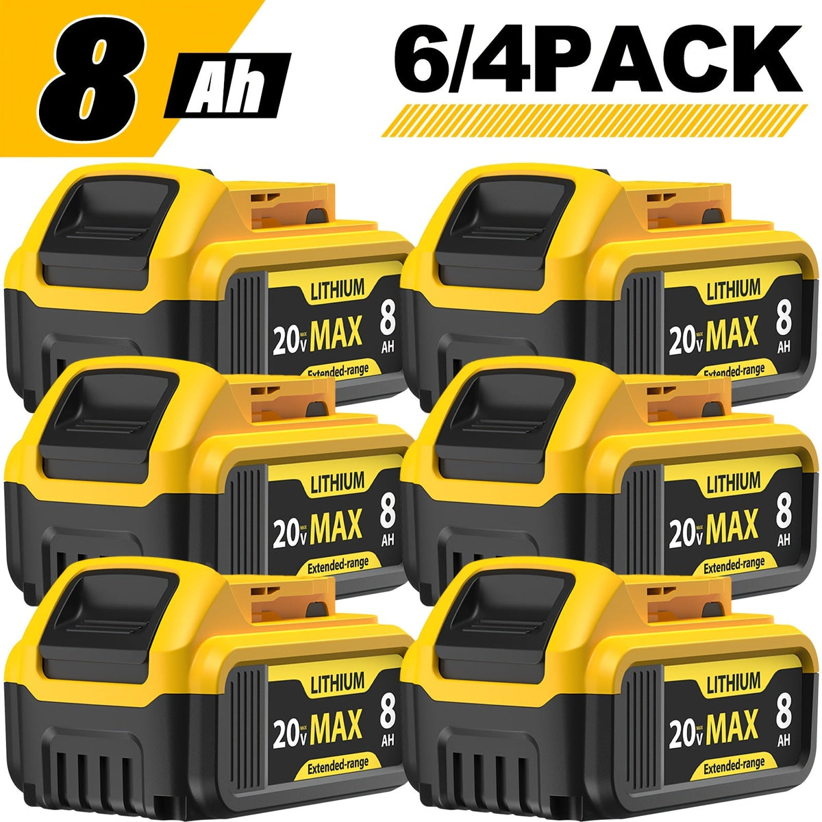 DeWalt 20V MAX Compatible Replacement Battery 8Ah/12Ah - DCB200 DCB204 DCB206 DCB201 DCB203 DCB181 DCB180 - DCD/DCF/DCG Series Cordless Power Tools - 2/4/6 Pack