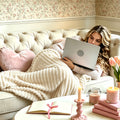 Flannel Striped Faux Rabbit Fur Throw Blanket - Soft, Warm & Cozy - Sofa, Office, Camping & All-Season - 6 Sizes - Off White, Khaki, Gray, Blue, Pink & Matcha Green