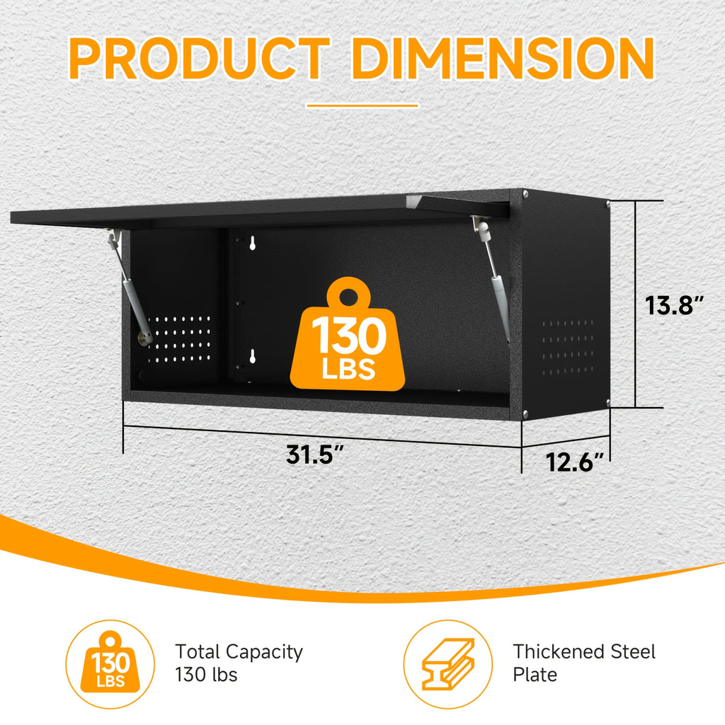 Metal Wall Mount Storage Cabinet 31.5 Inch Wide Up-Flip Door 3.2 Cubic Feet for Garage Kitchen Workshop Contemporary Steel Wall Cabinet Black or Black Gray