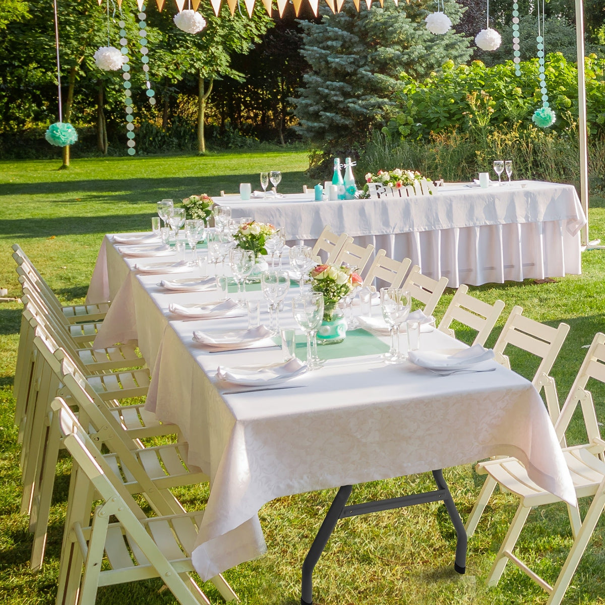 Plastic Folding Table - 4ft or 6ft Portable Indoor & Outdoor Dining & Picnic Table, Carrying Handle & Locking Legs - White & Black