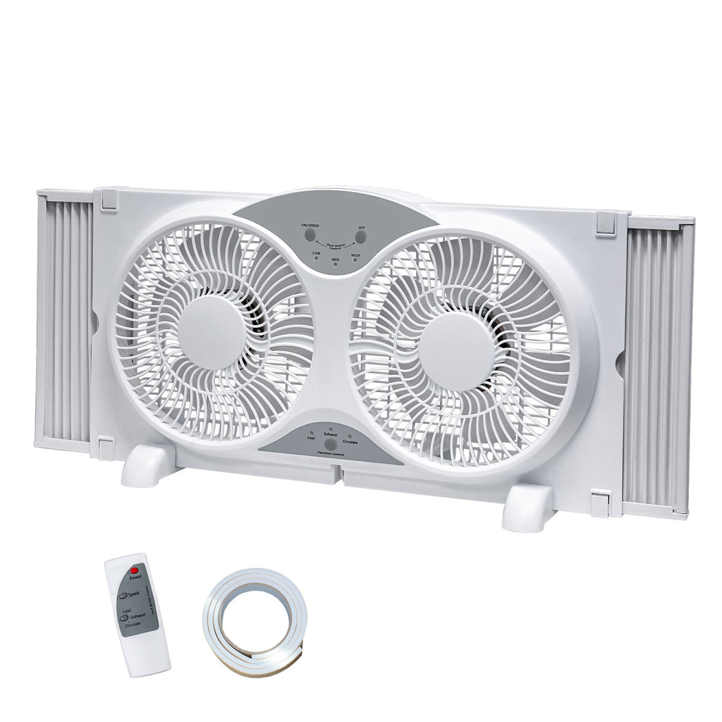 Twin Window Fan 9" - Reversible Airflow, 3 Speeds, 23.8"-37" Expandable Width, Exhaust & Intake - Remote or Timer - Home & Bedroom