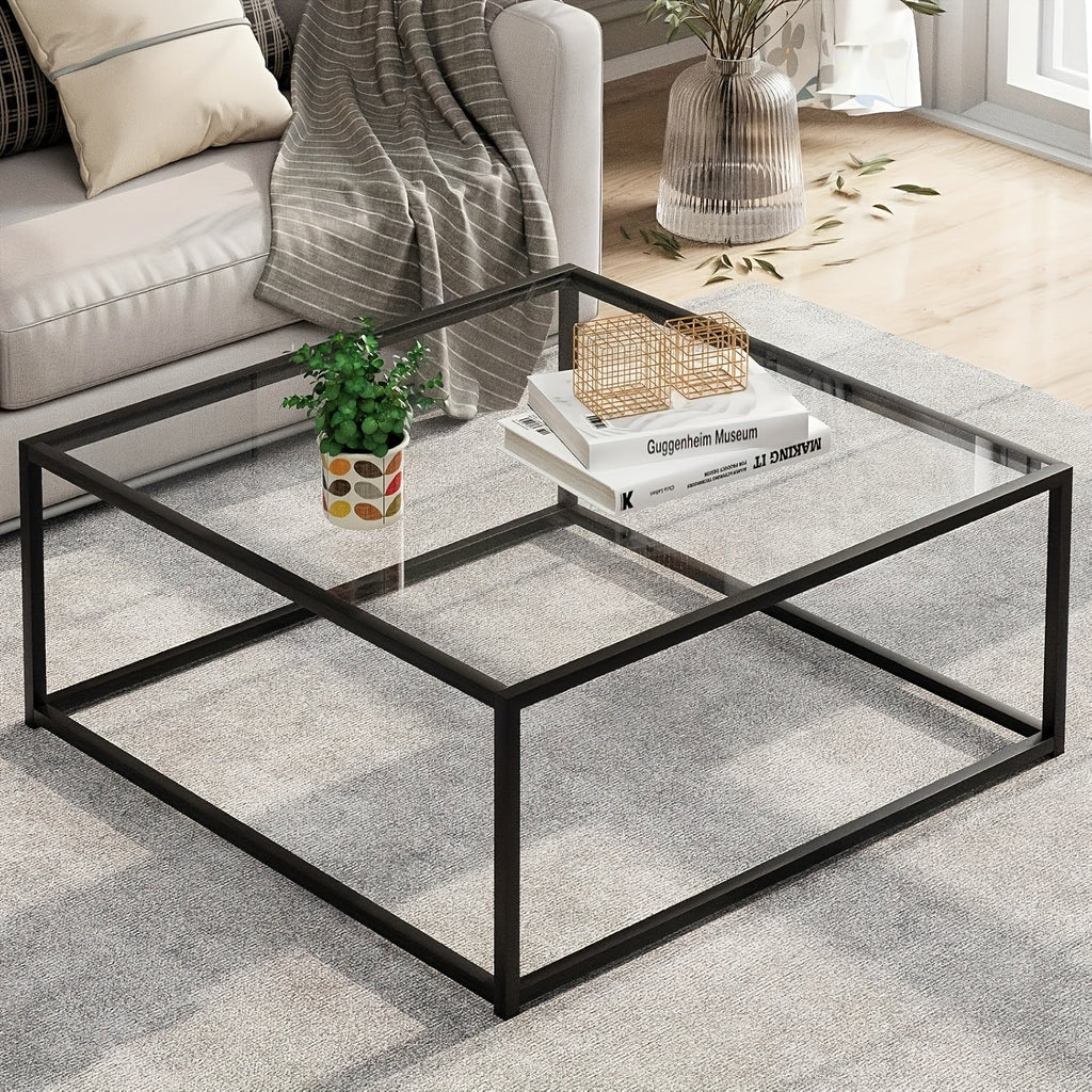 Glass Coffee Table 26"x26" – Modern Square Clear Glass Center Table for Living Room Small Spaces in Gold Black White with Plain or Striped Glass