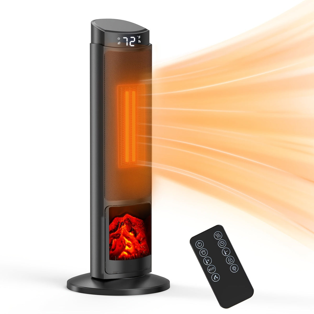 1500W Tower Space Heater 24 Inch Ceramic Fast Heating Remote Control Thermostat 4 Modes 12H Timer Overheat Tip-Over Protection Quiet for Large Room Bedroom Office Black Gold Silver