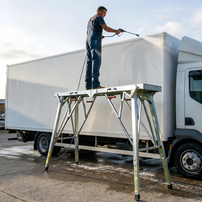 Height Adjustable Heavy Duty Scaffolding Portable Folding Work Platform Non-Slip Base for Truck Washing Semi-Trailer RV Roof Cleaning Commercial Vehicle Repair 47 63 79 Inch Silver