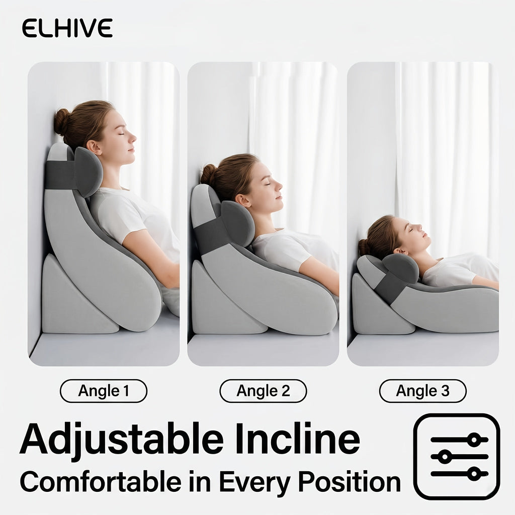 Contoured Backrest Support Pillow for Bed - 3-Level Adjustable Reading Wedge, Memory Foam, Side Wraparound Support, Ergonomic for Shoulder, Waist & Pelvis - Reading, Gaming & Dorm