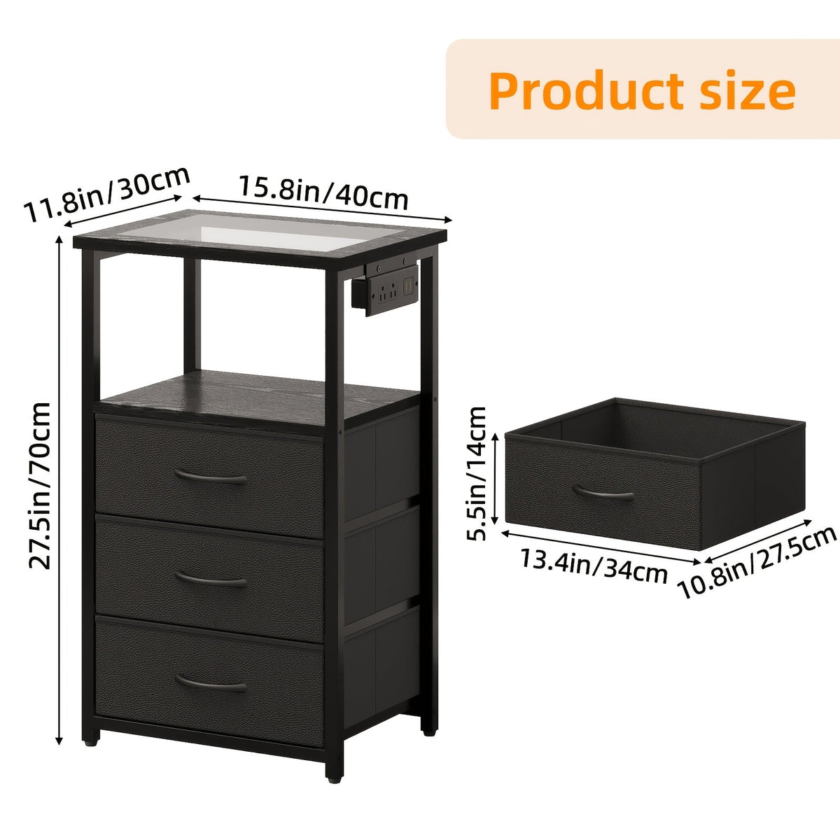 TOMNK Nightstand with Glass Tabletop LED Light & Charging Station 2 or 3 Fabric Drawers PU Finish Display Stand for Bedroom & Living Room – Black White Brown