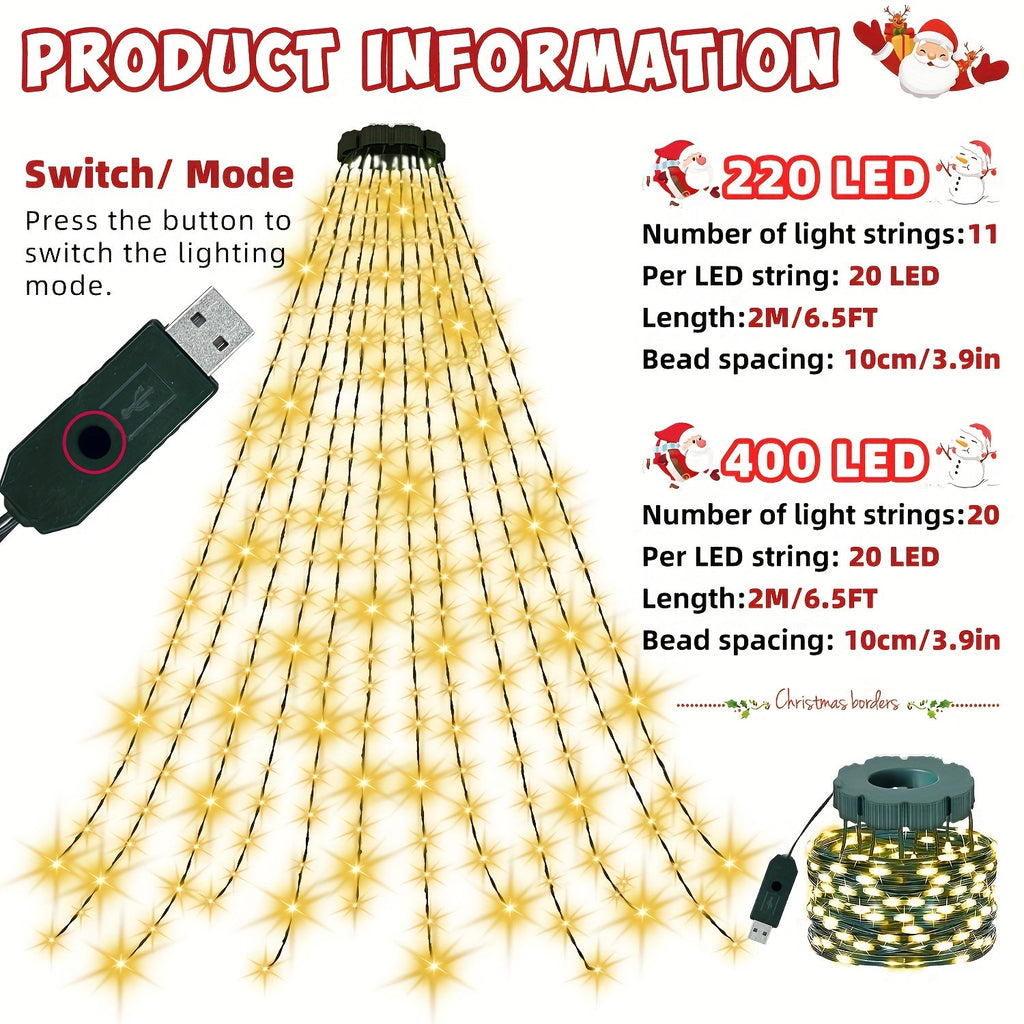 220 / 400 LED Christmas Fairy Light String - USB Powered, 8 Modes, 78.74in Waterfall Tree Lights - Garden, Terrace, Home & Christmas Tree Decoration - Warm, White & Colorful