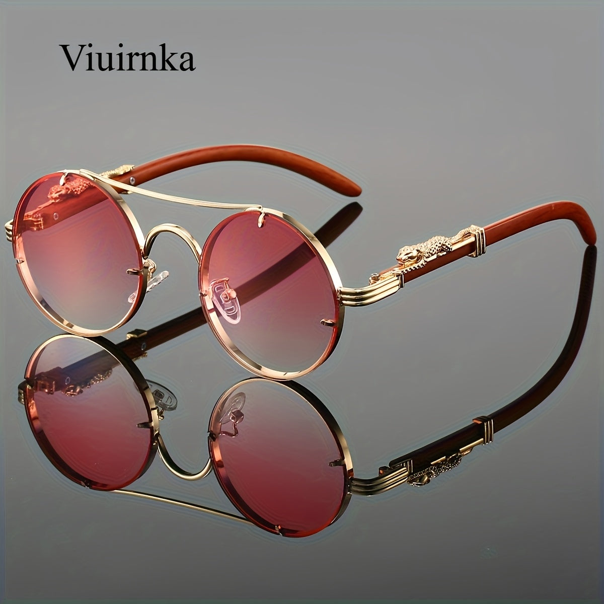 Round Metal Frame Sunglasses with Gradient PC Lenses Double Bridge Leopard Hinges Unisex Trendy Eyewear with Protection Case for Women and Men Vacation Street Style