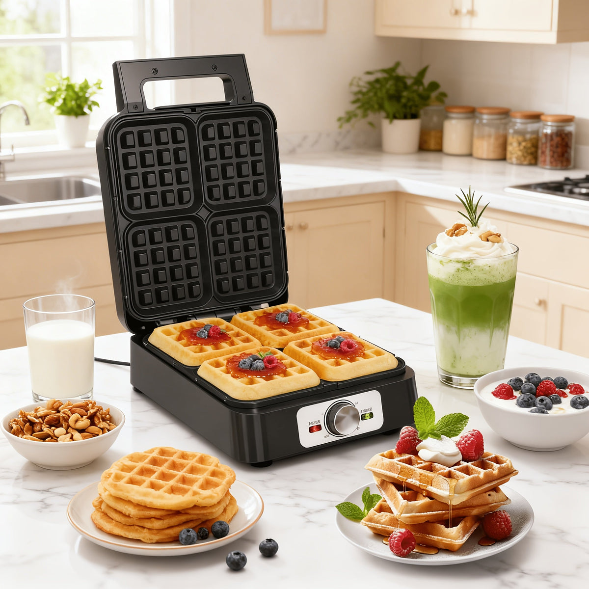 4-Slice Waffle Maker Electric Waffle Iron Adjustable Temperature Knob Control Nonstick Surface Indicator Light Easy Clean for Family Breakfast Silver