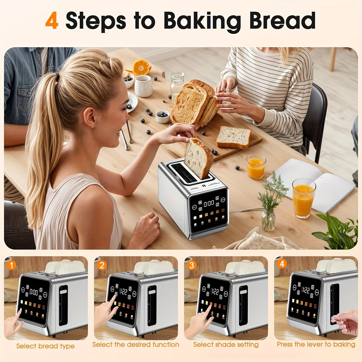 Touch Screen 2-Slice Toaster Stainless Steel Smart Digital with Memory Function 5 Bread Types 6 Shade Settings 1.5 Inch Wide Slot 900W for Home Kitchen