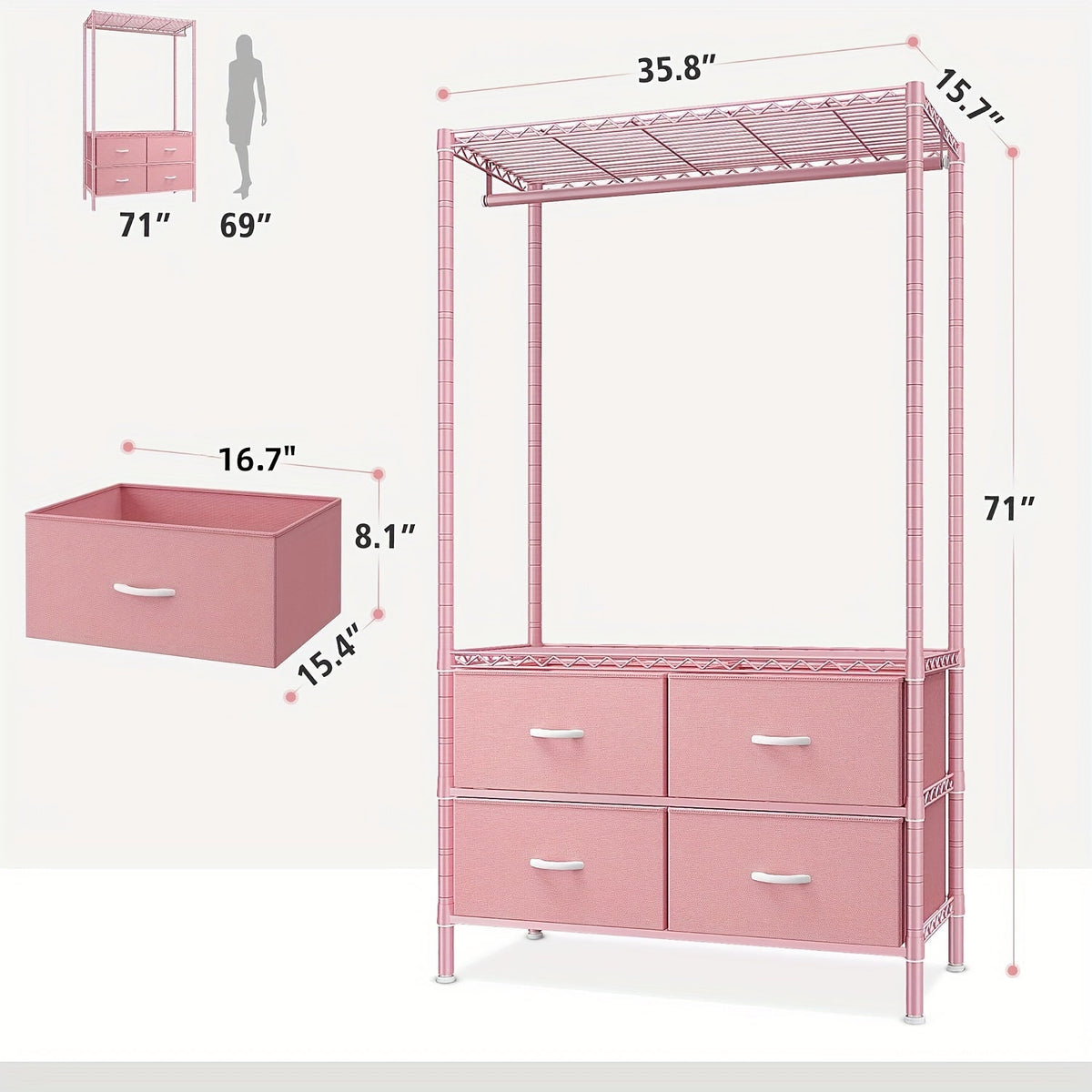 Heavy Duty Clothes Rack with 4 Drawers 420LBS Adjustable Clothing Rack for Hanging Coats Shirts Dresses Top Shelf 10-Minute Assembly for Bedroom Closet Apartment