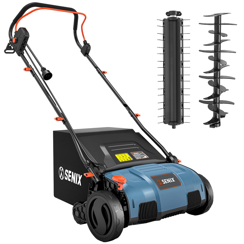 Electric Lawn Dethatcher & Scarifier 15-Inch 13 Amp 2-in-1 SENIX Tiller with 4 Depth Settings, Storage Bag, Quick Fold Design for Home Gardens & Patios – Promotes Lawn Vitality