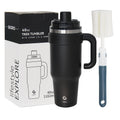 BIGRD 40oz Vacuum Insulated Travel Tumbler 1182ml Double Wall Stainless Steel with Handle and Straw Lid Leak Proof Hot Cold Hours Cleaning Brush Black Gray Blue