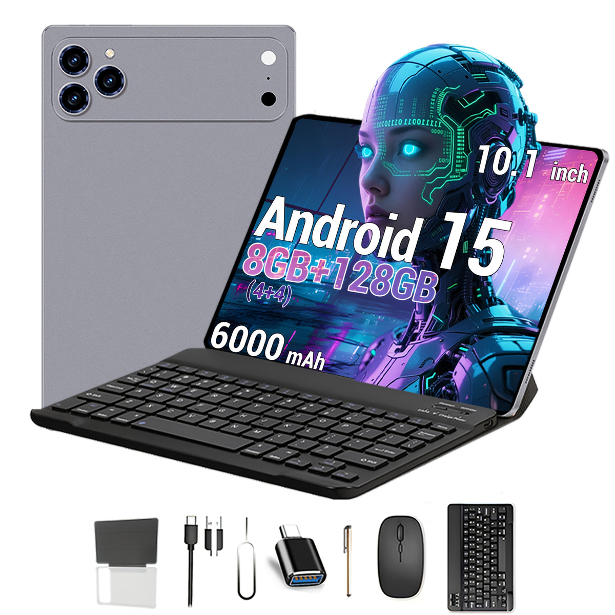 2-in-1 Business Tablet 10.1 Inch HD Android 15 8GB RAM 128GB Storage 6000mAh Battery with Keyboard Mouse Dual-Band WiFi Lightweight Portable for Work Travel Office