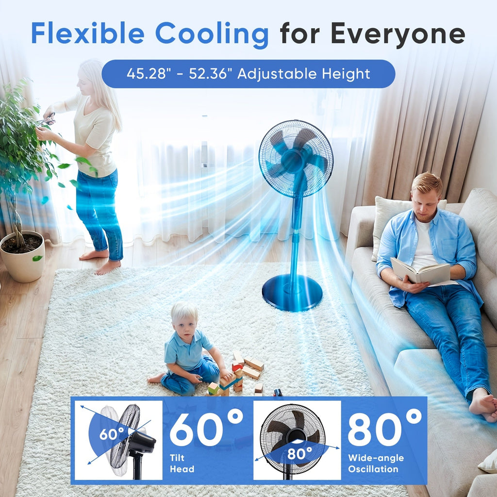 Pedestal Fan with Remote Control 45–53 In Adjustable Height 1050 CFM 80° Oscillating 3 Speeds 3 Modes 12H Timer Quiet Standing Floor Fan for Home Bedroom & Living Room – Black