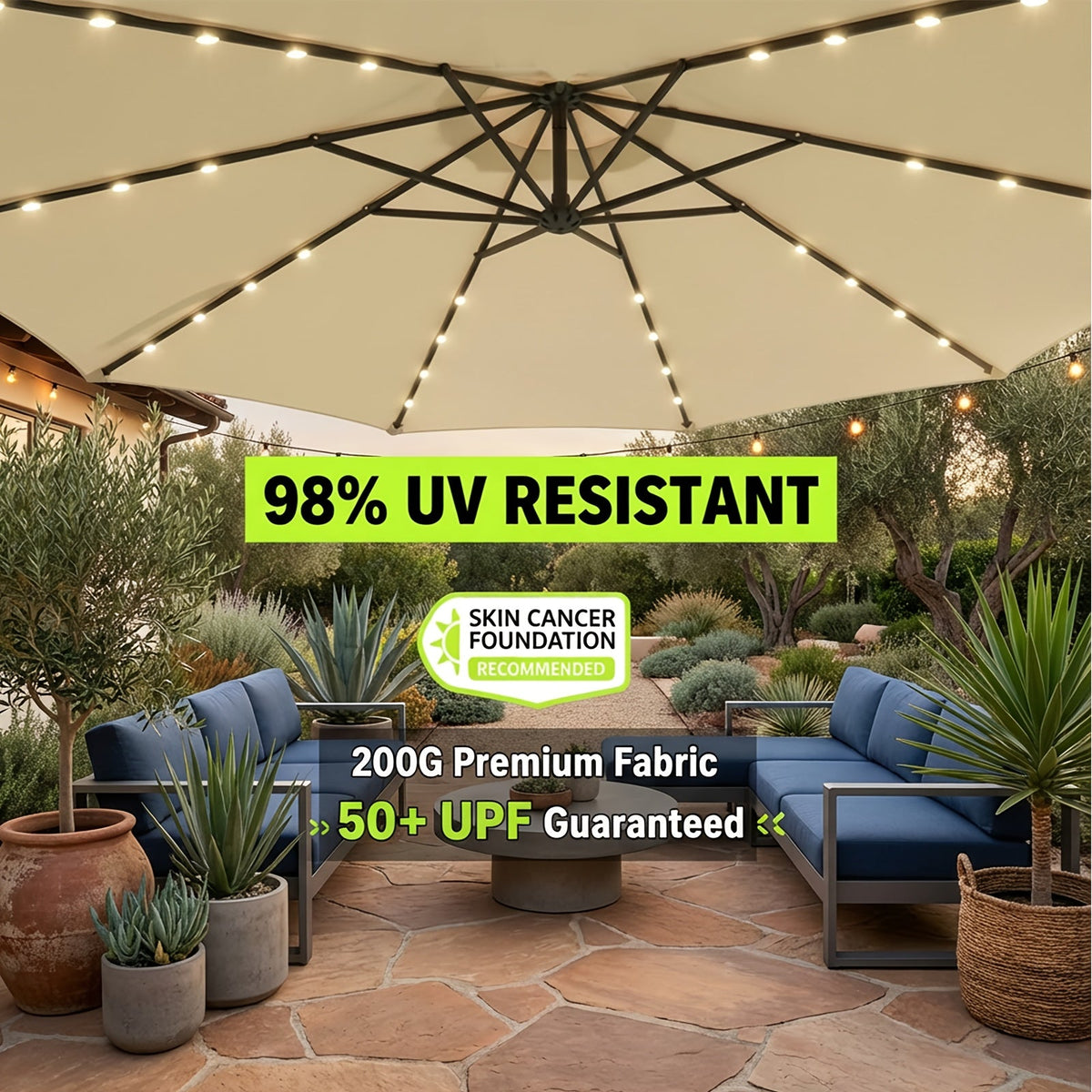 10ft Solar LED Offset Cantilever Patio Umbrella, UPF50+ UV Protection, Easy Tilt & Crank, Heavy-Duty Outdoor Market Umbrella, Sun Shade for Garden Deck Backyard Pool (Base Not Included)