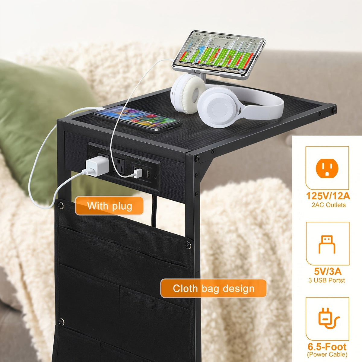 C-Shaped End Table - Slides Under Sofa, 50LBS Capacity, Desktop Storage - Optional Charging Station & Storage Bag - 1pc & 2pc Sets - Sofa Side, Living Room & Bedroom - Brown, Grey, Black, White & Wood