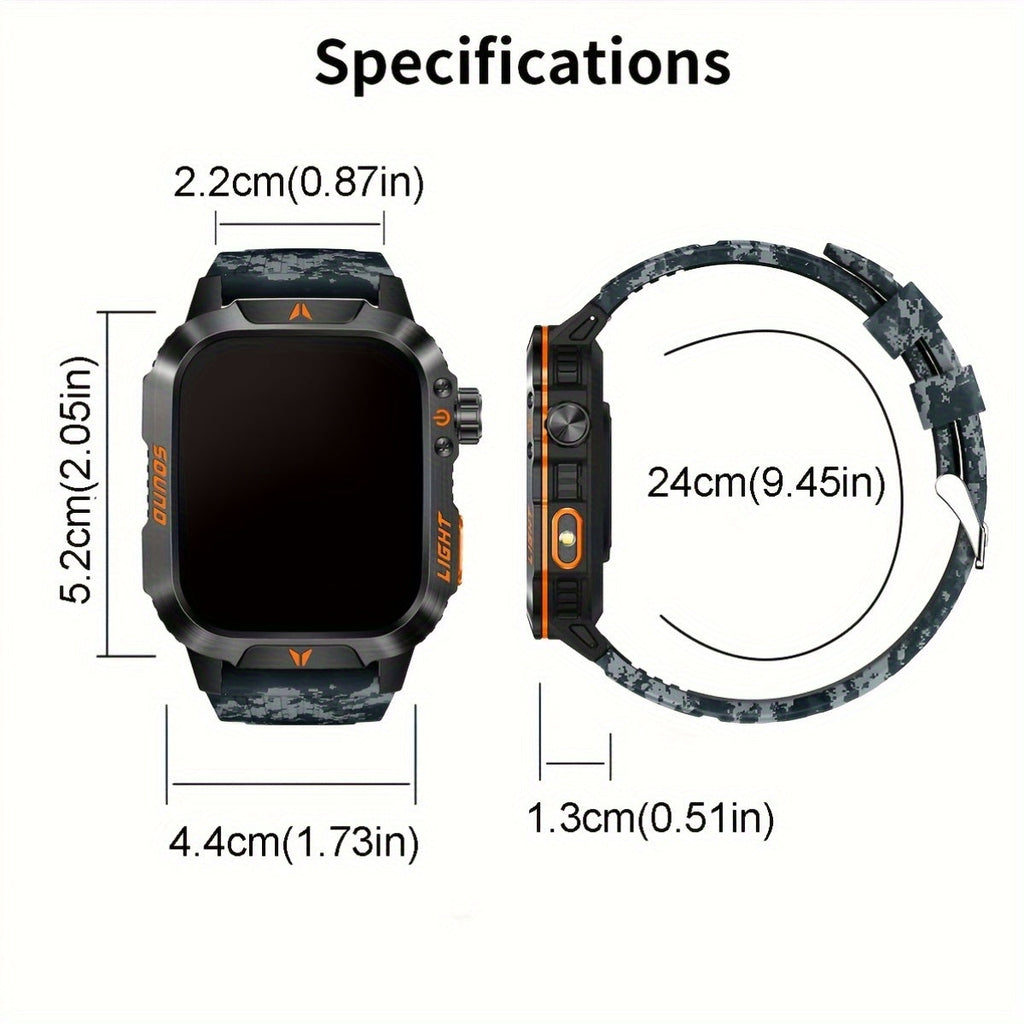 Rugged Outdoor Smartwatch – 2.01" Wireless Calling LED Flashlight 600mAh Battery Compatible with iPhone & Android in Black Steel Mesh & Camouflage Blue Silicone Strap Options