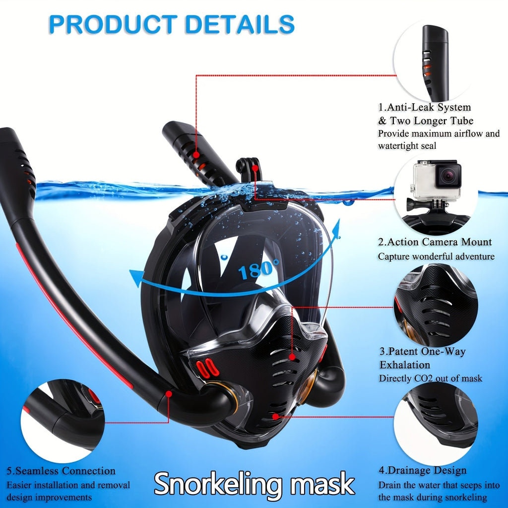 Full Face Snorkel Mask – 180° Panoramic View Dual Tube Anti-Fog Anti-Leak with Camera Mount for Adult Swimming & Snorkeling in Black & Black-Blue (S/M)